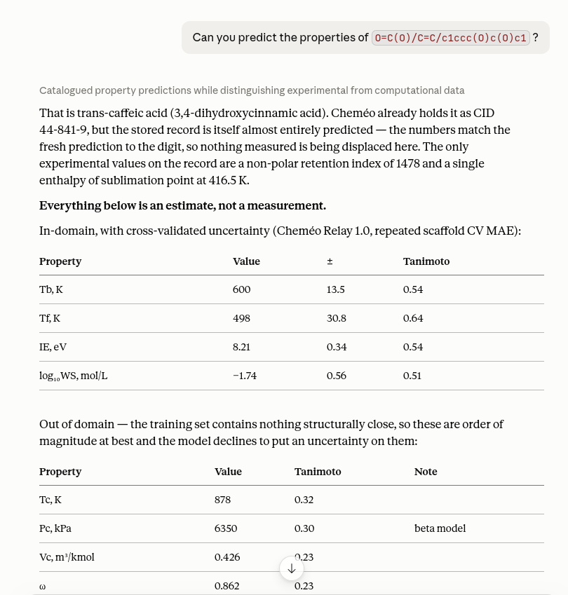 An AI assistant connected to Cheméo over MCP