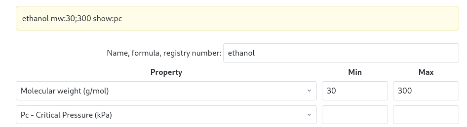 The Cheméo search box with a property-range query